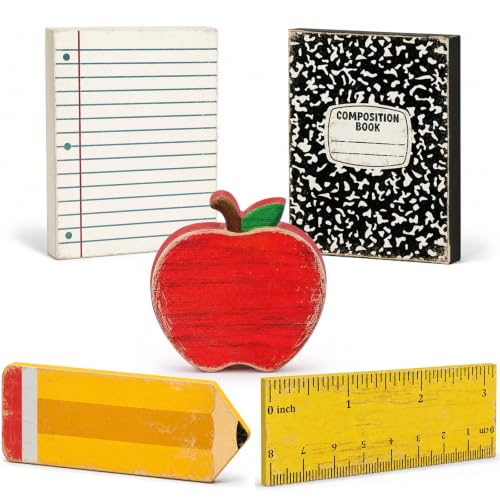 5Pcs Back to School Table Decorations - Wooden Apple Pencil Ruler Notebooks Signs Retro Back to School Tiered Tray First Day of School Tabletop Centerpiece for Classroom Office Desktop Decor