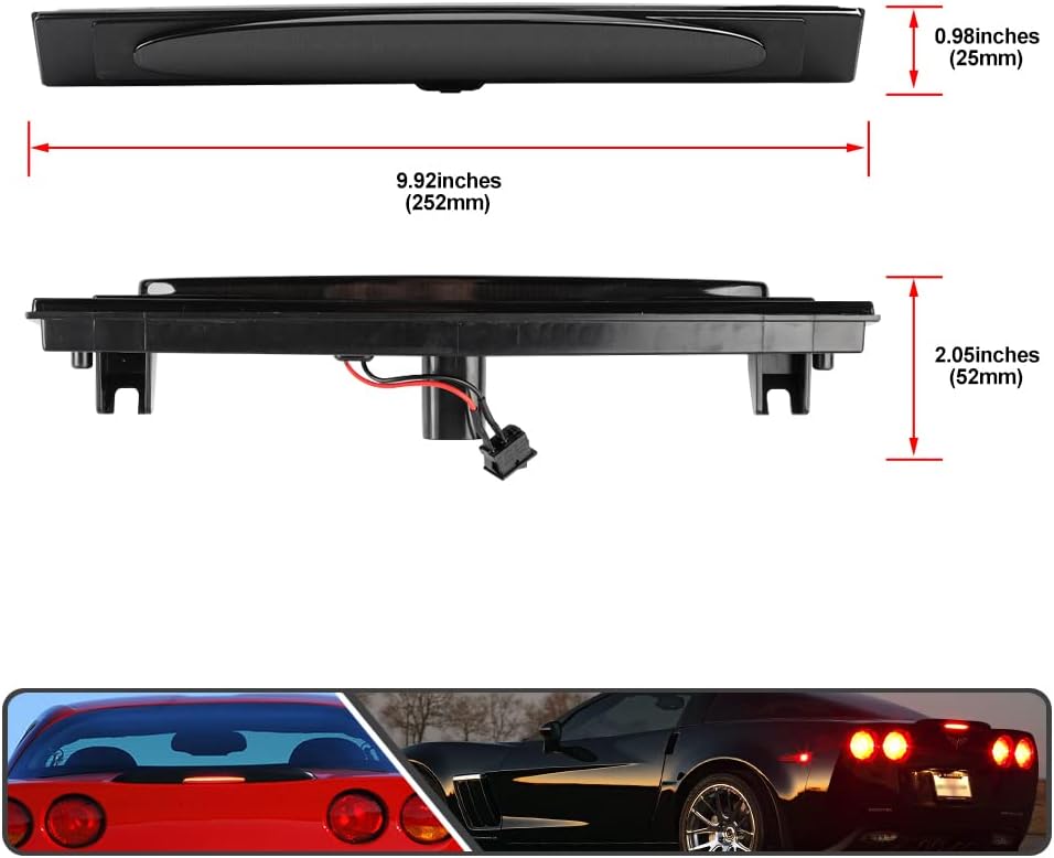 C6 Red LED Strobe 3rd Third Brake Light for Chevy Corvette C6 2005-2013 Rear Center Tail Light High Mount Brake Lamp Smoked Lens OEM NO.10440719