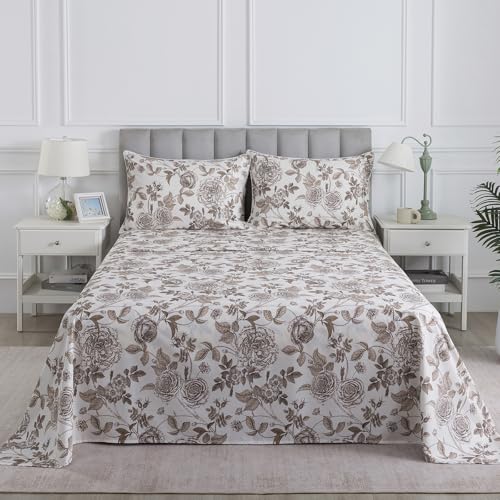 Image of Vintage Brown Floral Percale Sheets Full, 100% Cotton Deep Pocket Flower Patterned Farmhouse Bed Sheets, Light Coffee Leaf Print Crisp Sheet Set, Shabby Chic Toile Bedding, Dark Rose, 4Pcs