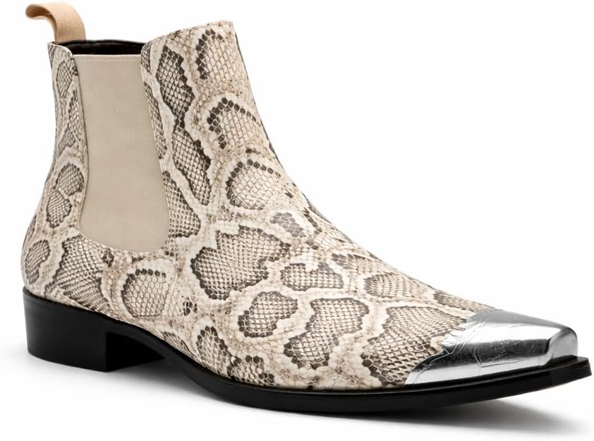 Men's Snake Print Chelsea Boots with Metal Pointed Toe, Slip-On Western Dress Ankle Boots for Party, Concert & Casual Wear
