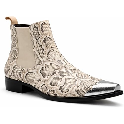 Men's Snake Print Chelsea Boots with Metal Pointed Toe, Slip-On Western Dress Ankle Boots for Party, Concert & Casual Wear