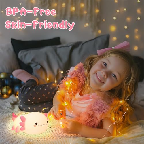 Image of ELEPHANTBOAT Axolotl Night Lamp for Kid, Silicone Cute Axolotl LED Table Lamp, Colour Changing with USB Rechargeable Night Light, Sensor light with 15mins Auto Off Kid Room Bedside Light, Gift for Kid