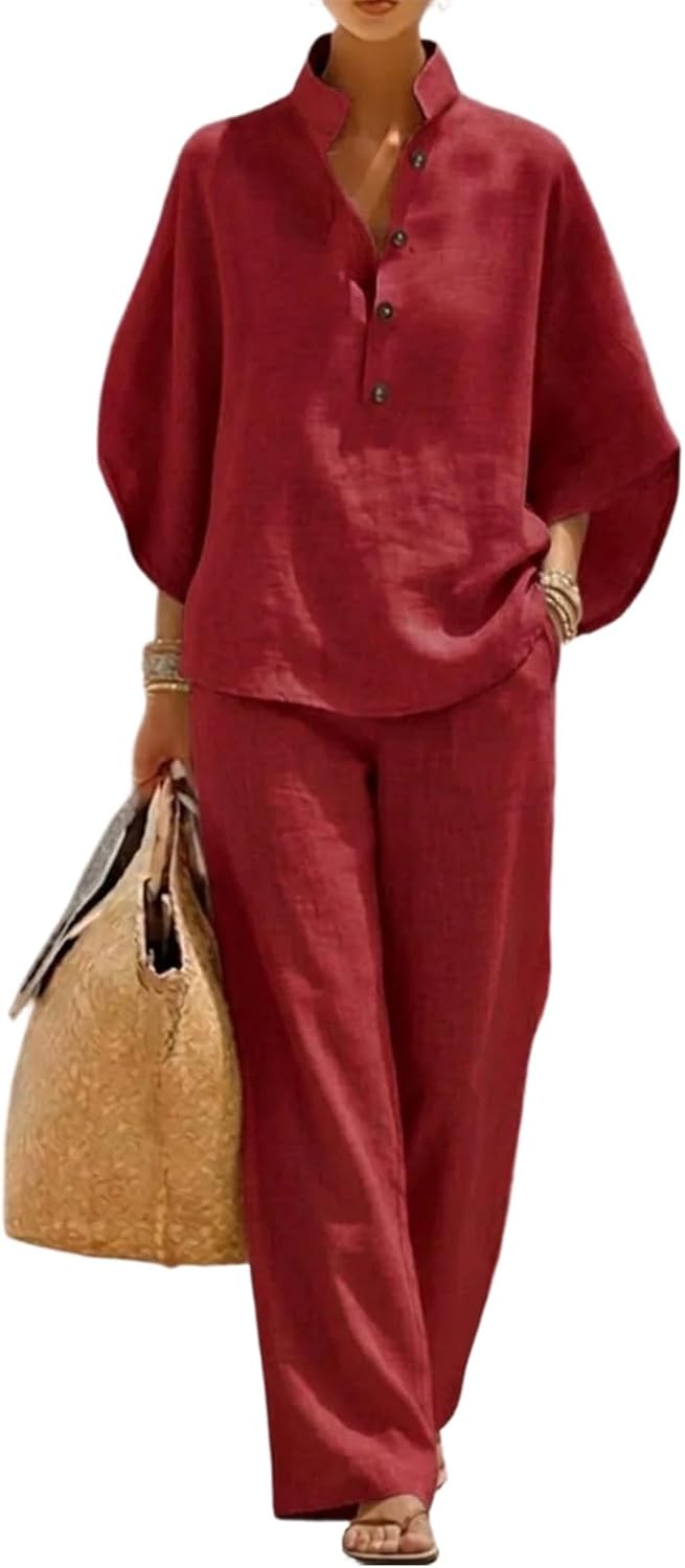 Women's Batwing Sleeve Linen Cotton Two Piece Set - Casual Shirt and Wide Leg Pants Outfit