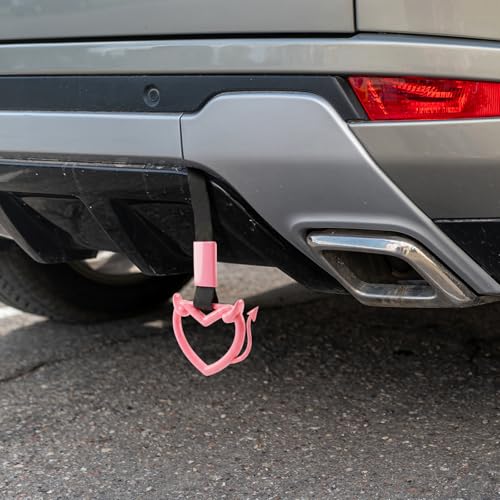 Image of 2 Pcs Devil Heart Shaped Car Handle Strap - JD M Drift Charm Rear Bumper Warning Ring Decor for Car Interior Exterior, Subway Bus Handle Accessory, Cute Heart Car Decor Gift (Pink-Tail)