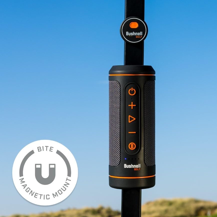 Bushnell Wingman 2 speaker magnetically attached to a golf cart frame