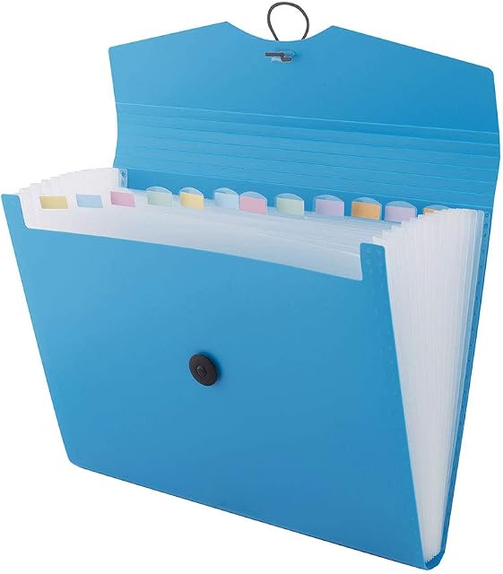 D.RECT | Expandable Expanding File | Document Organiser | Folders Expander for School - Office - Home | Expanding File Folders | Pockets Filing Box | 12 Compartments | Size: A4 | Colour: Blue 110390