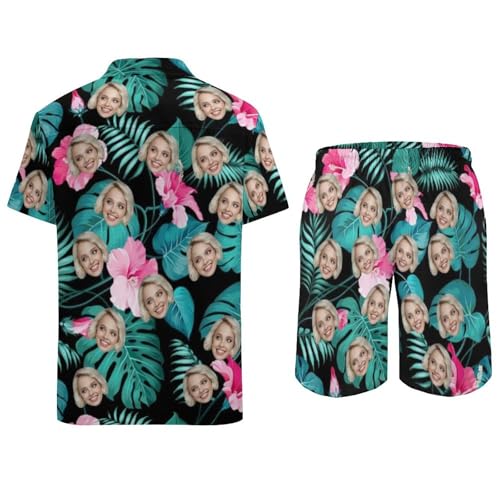 Custom Face Matching Couple Hawaiian Set Beach Dresses Outfit Personalized Shirt Shorts Slip Tropical Floral Sundress Swimsuit Cover Ups Sling Skirt Leopard4
