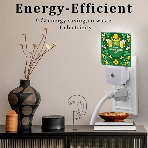 Image of Happy St. Patrick's Day Night Light for Kids,Green Shamrock Leprechaun and Rainbow Night Light Plug in with Dusk to Dawn Sensor, 0.5w Energy Saving Sleep Friendly Nightlight for Kitchen Bedroom