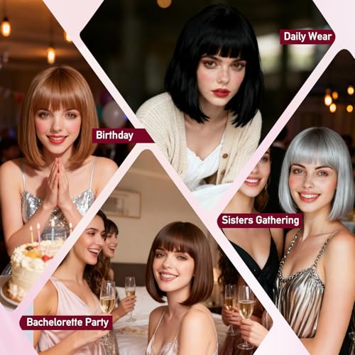 Image of PLULON Burgundy Short Bob Wig with Bangs for Women, Colorful Neon Short Bob Synthetic Hair Wigs with Hair Cap Heart Sunglasses for Adults Girls Daily Bachelorette Halloween Costume Party Supplies