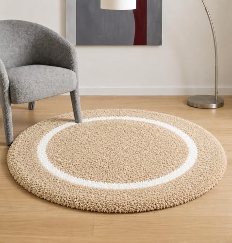 Image of Shaggy Polyester Microfiber Round Rug Carpet for Living Room | Ultra Soft Fluffy Plush Area Rug | Anti-Skid Non-Slip Backing | Washable Carpet for Bedroom- (5x5 feet, Ring Beige, Round)