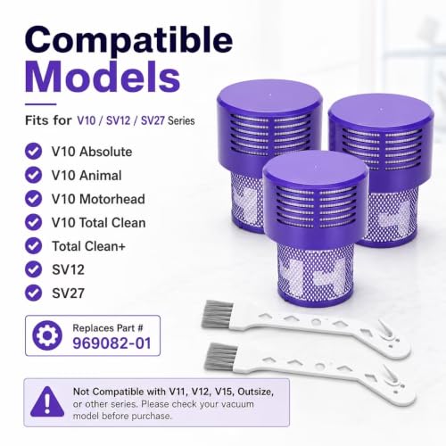 Image of 3 Pack V10 Filters Compatible with Dyson, 2 Brushes, Replaces 969082-01 | Includes 3 washable filters and 2 brushes; fits V10 Absolute, Animal, Motorhead, Total Clean, SV12 and SV27; not for V11