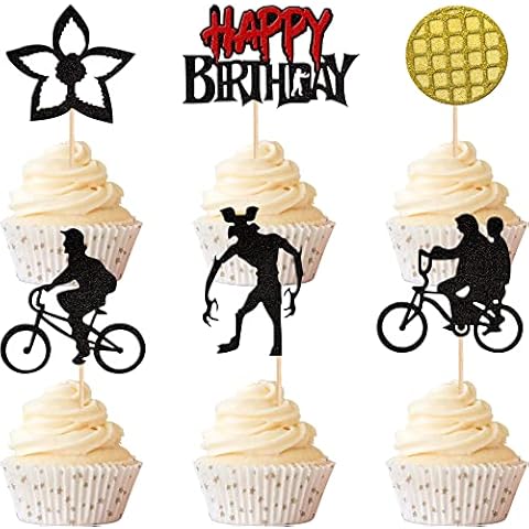 Xsstarmi 24 Pack Stranger Happy Birthday Cupcake Toppers Glitter TV Stranger Inspired Cupcake Picks for Stranger Theme Baby Shower Kids Boys Girls Birthday Party Cake Decorations Supplies Cover