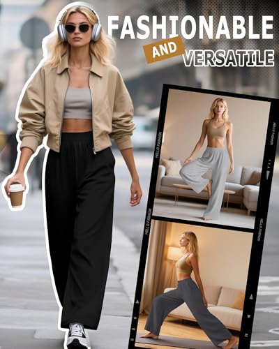 Image of Huukeay 3 Pack Women's Lounge Pants, Cozy Wide Leg Lounge Slacks with Pockets Loose Flowy Yoga Sweatpant Workout Comfy Jogger