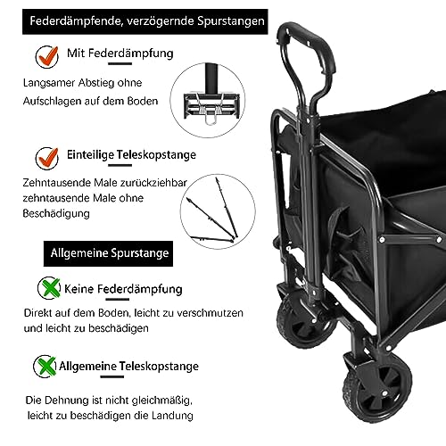 PRIJESSE Bollerwagen Faltbar, bis 150 kg Tragkraft Transportwagen, Gartenanhänger, Draussen Camping Einkaufen Handwagen, inklusive 2 Netztaschen, ohne Dach, Schwarz/Black – Bild 3