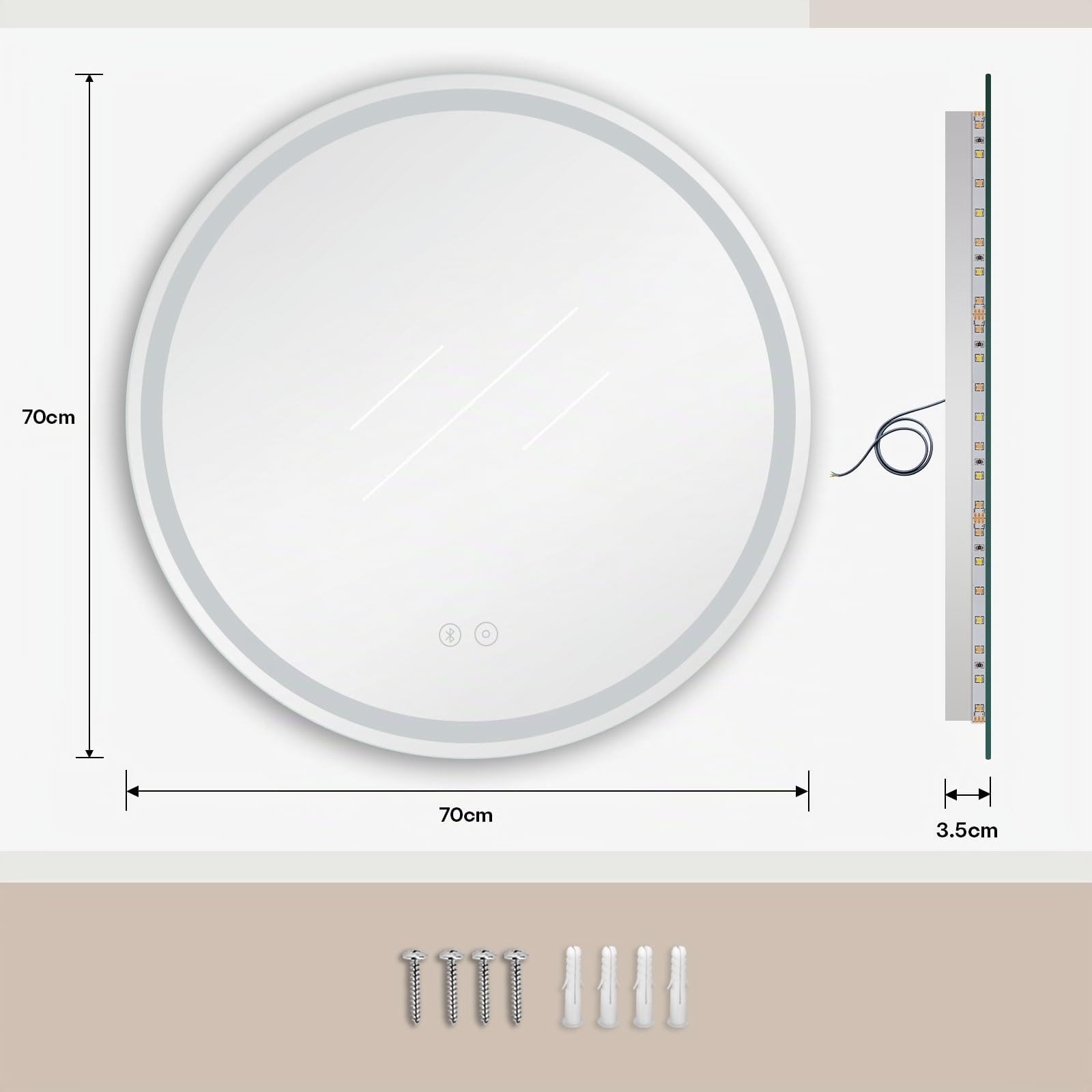 Dripex Rotondo Specchio da bagno con illuminazione 70cm Luce Specchio con altoparlante Bluetooth Anti-Nebbia Led Specchio Bagno con 3 Temperature Colore e Dimmerabile Smart Touch IP44