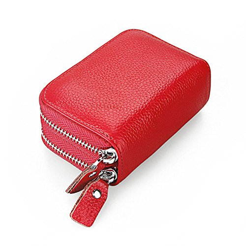 Ailzos Credit Card Wallet,RFID Blocking Leather Credit Card Holder and Double Zipper Credit Card Wallet for Women and Men,Red