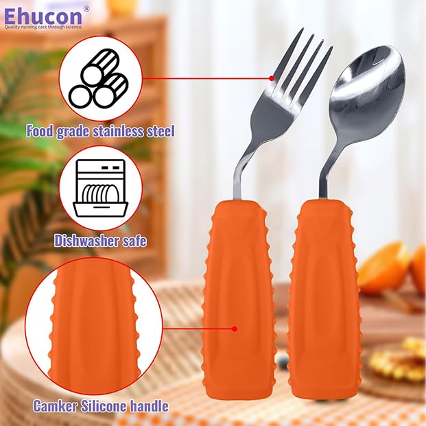 Image of Adaptive Utensils Angled Spoon and Fork for Hand Tremors Parkinsons,Weighted Utensils with Non-Slip Easy Grip Handles for Independent Eating (1pcs Spoon+1pcs Fork=2 pcs,Orange,Left Hand)