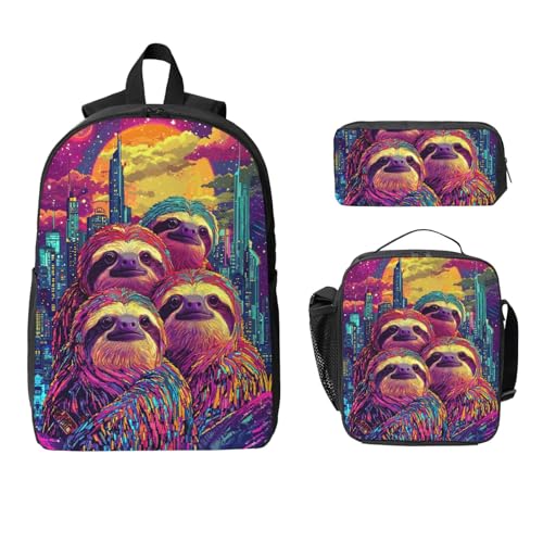 Retro Sloth Backpacks 3 Pcs Multifunction High capacity Travel Backpack with Fun Graphic Cartoon Print for Hiking Commuting