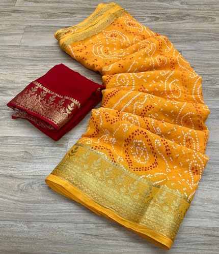 Image of Women's Pure Georgette Jaipuri Saree, Rose Zari Weaving Design Saree with Blouse Peice