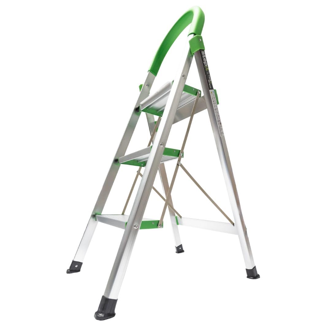 StepIt 3-Step Ladder Aluminium - Heavy Duty Foldable Stepladder & Stepstool for Home Kitchen DIY Garden | Lightweight Portable Wide Anti-Slip Treads | Compact Space Saving 150kg Capacity Folding