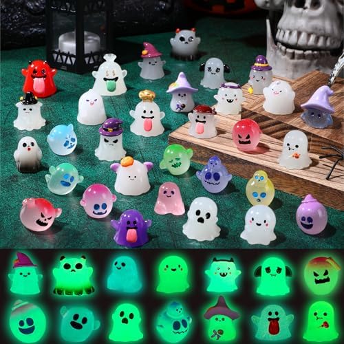 DULEFUN 31pcs Halloween Mini Ghosts Figures Decor, Luminous Small...