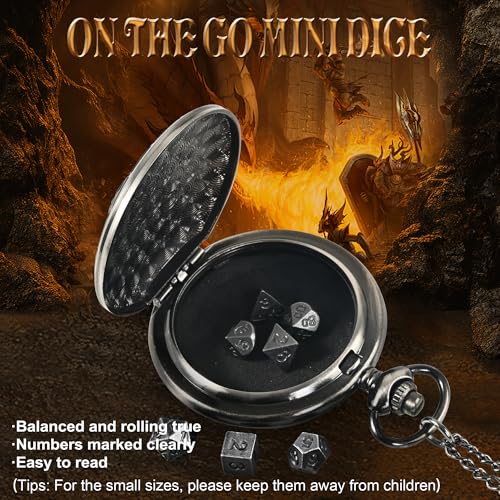 Image of Kabinka DND Dice Set, 7pcs Mini Metal Dice with Pocket Watch Shell, Portable D&D with Necklace, Dungeons and Dragons Dice for RPG(Five-Headed Dragon, Ancient Silver)