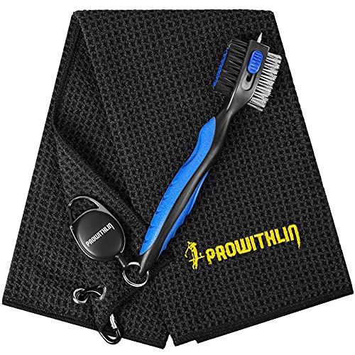 Golf Towel Golf Club Brush Set, Microfiber Waffle Pattern Tri-fold Towel Black, Golf Club Groove Cleaner with Retractable 2ft Zip-line Carabiner, Golf Gifts Golf Accessories for Men( Golf Brush Blue)
