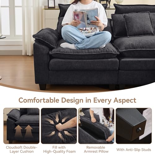 Image of 72'' Cloud Modern Loveseat Couch with Detachable Headrest, Modular Sectional Sofa Couch Deep Love Seat, Oversized 2 Seater Chenille Comfy Sofa with Armrests for Living Room, Dark Grey