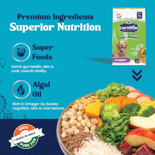 Image of Carniwel Superfoods Adult Dry Dog Food 1 kg | 100% Vegetarian | Fresh & Natural Ingredients | Highly Palatable | GMO Free | Premium Nutrition for Large Dogs