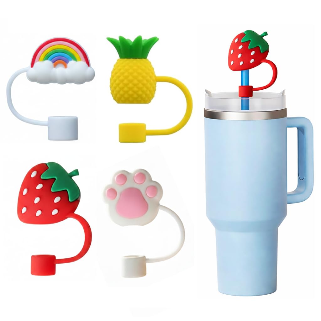 Newvent® 4Pcs Cute Design Silicone Cover Cap for 10mm Drinking Straw | BPA-Free Reusable Dust Proof Lid for Tumblers, Travel Cups & Bottles | Flexible Multicolor Designs for Daily Use-image-4
