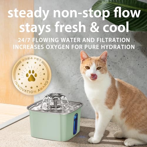 Image of Veken Innovation Award Winner Stainless Steel Cat Water Fountain, 108oz /3.2L Automatic Pet Fountain Dog Water Dispenser with Replacement Filters & Silicone Mat for Cats, Dogs (Tea Green)
