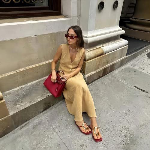 Image of PARTY Square Toe Flip Flops Women,Fashion Designer Thong Sandals with Gold Buckle Trendy Summer Comfort Flat Sandals