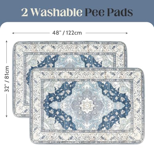 Image of Washable Pee Pads for Dogs, 2 Pack Reusable Puppy Training Pads 48 inchx32 inch Super Absorbent Waterproof Dog Training Pads, Non-Slip Potty Pads, Whelping Pads Litter Mat Navy & Ecru