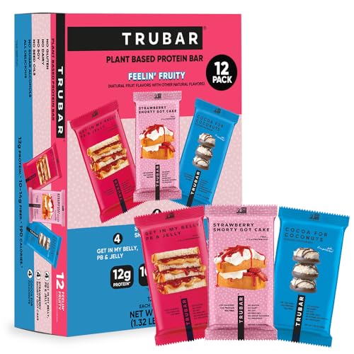 Image of TRUBAR Vegan Protein Bars, Feelin' Fruity Variety Pack, PB & Jelly, Strawberry Shortcake & Chocolate Coconut, Gluten Free, Plant Based, High Fiber, Dairy Free, On the Go Healthy Snacks, 12 Count