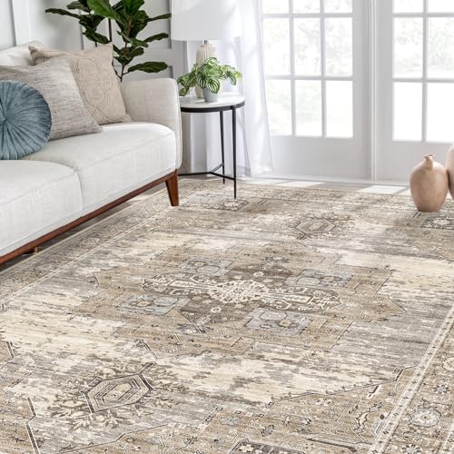 RUUGME Washable 5x7 Area Rugs - Large Rugs for Living Room Stain Resistant Carpet Vintage Rugs for Bedroom with Non Slip Backing Home Decor Floor Decoration Mat (5x7 Beige)