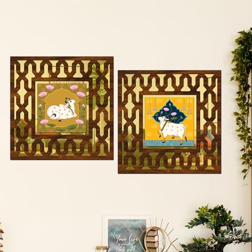 Image of Wooden Pichwai Cow Mirror Wall Decor Panel for Home Decor Living Room Bed Room Office (AD5, 12X12 Inches, Set of 2)