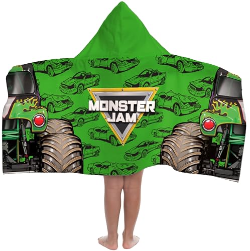 Jay Franco Kids Hooded Towel 22 x 51 Super Soft Bath Wrap with 3D Hood Classic Characters Beach Pool & Travel Official Licensed Green - Monster Jam Grave Digger