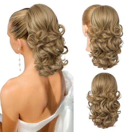 Flufymooz Ponytail Extension 14 Inch Short Drawstring Ponytail Hair Extension for Women Soft Synthetic Pony Tails Hairpiece for Women (Deep Blonde with Highlight)