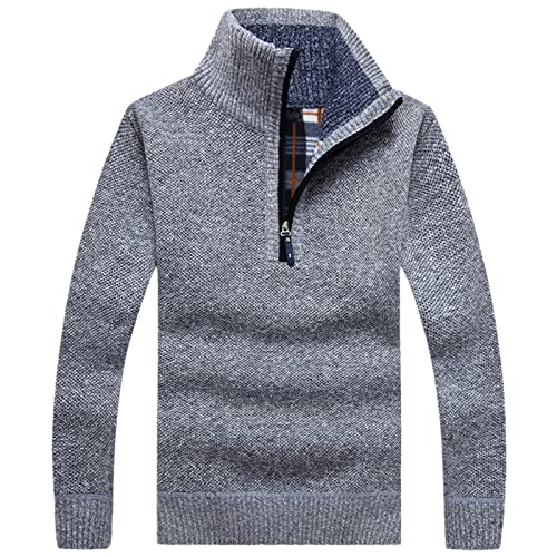 Pull en tricot épais chaud homme col roulé zippé gris uni