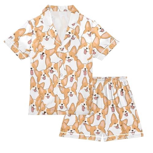 Corgi Dogs Pattern Summer Satin Pajama Set, Cute Button-Down Sleepwear Pj Set for Sleep Wears