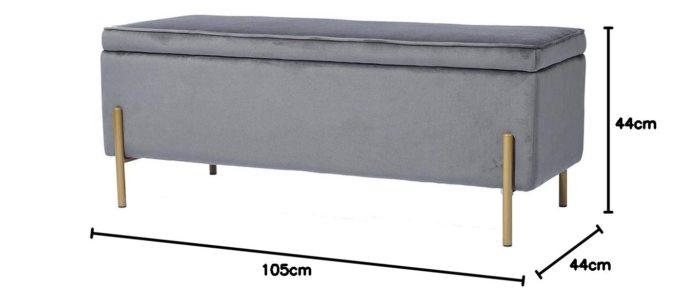 BAKAJI Baúl de Almacenamiento con reposapiés para Dormitorio, Banco de Madera, Revestimiento de Tela de Terciopelo, Asiento abatible Acolchado, Patas Doradas (Gris)