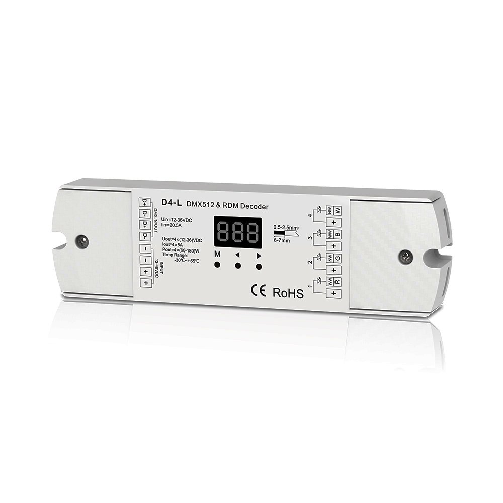 Nutbro D4-L 4Ch 5A/Ch Constant Voltage Dmx512 & Rdm Decoder Rgbw Controller 4 Channel Dimming Controller 12-24V Output Pwm