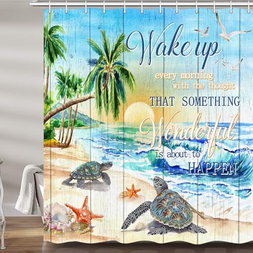 Ptrxobj Beach Ocean Turtle Shower Curtain, Coastal Quote Wooden Fabric Shower Curtains Set for Kids Bathroom Decorative, Blue Beachy Restroom Decor Accessories with Hooks 72X 72 Inch - Image 2