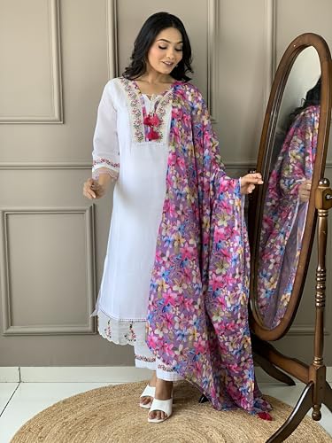 Image of Women's Kurta Set with Floral Print Dupatta, White and Purple