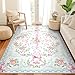 Collive Pink and Blue Floral Rugs for Girls, 5x7 Boho Bow Washable Area Rug for Living Room, Cute Ultra-Thin Non Slip Indoor Decor Carpet for Nursery Kids Room Bedroom Playroom