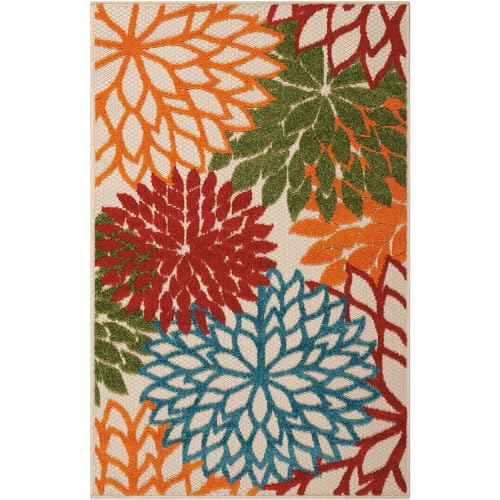 Nourison Aloha Indoor/Outdoor Green 2'8" x 4' Area Rug, Tropical, Botanical, Easy Cleaning, Non Shedding, Bed Room, Living Room, Dining Room, Deck, Backyard, Patio (3x4)