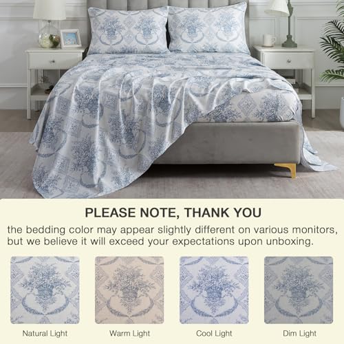 Image of Blue-Grey Floral Boho Sheets, Queen 100% Cotton Percale Cream White Vintage Sheet Set, Shabby Flower Chic Deep Pocket Cozy House Bed Sheets, Soft Crisp Designer Luxury Toile Bedding, 4Pcs