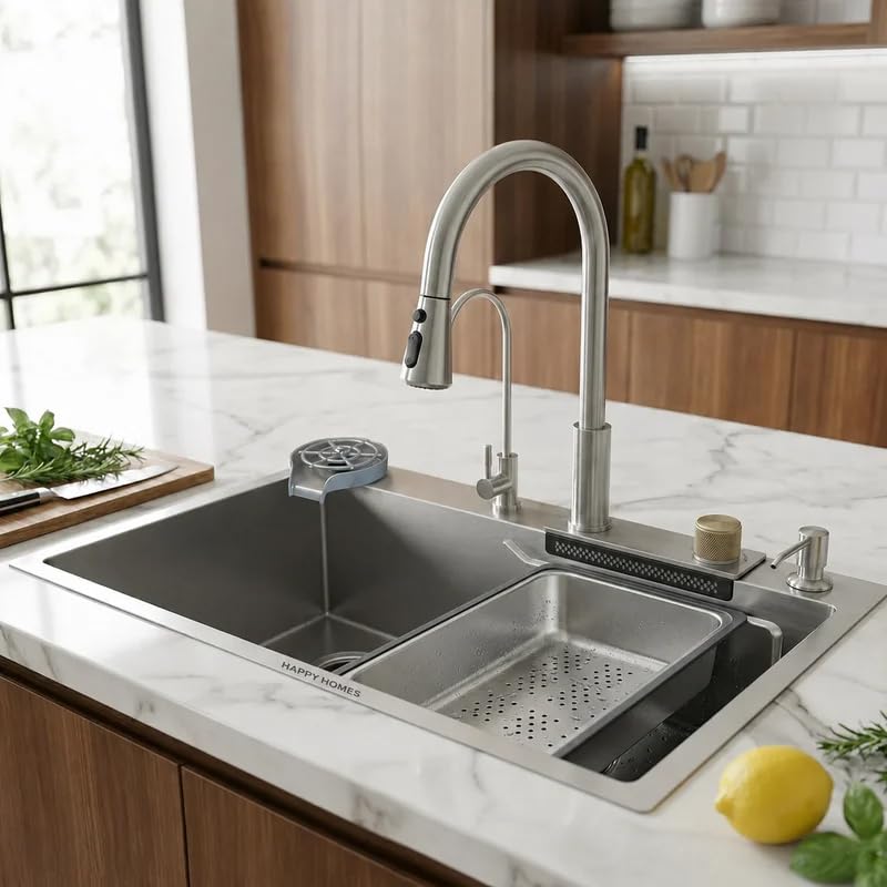 Image of HAPPY HOMES 304 Stainless Steel Kitchen Sink with Integrated Waterfall and Pull-down Faucet Set (30x18x9 inch, Nano Coating HEAVY