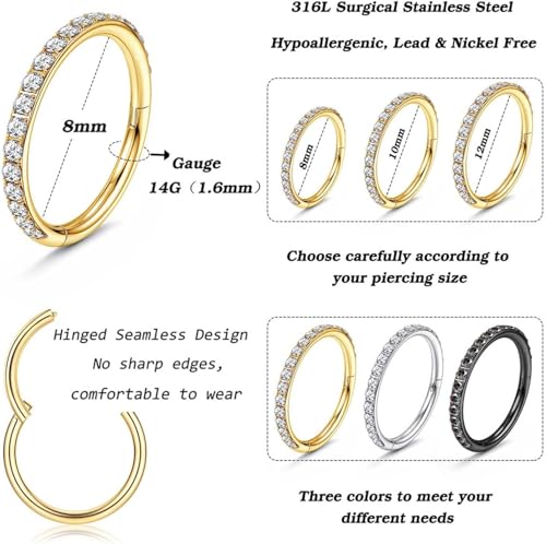 Diamday 14G Surgical Steel Belly Ring with Clear CZ Opal Clicker for Women - Navel Bar for Nose, Lip, Eyebrow Body Piercing Jewelry 8/10/12mm - Image 4