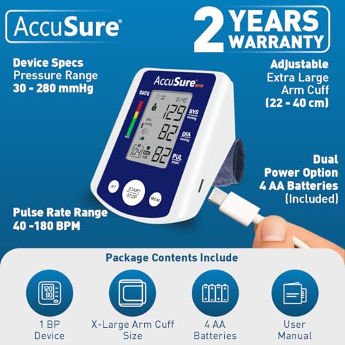 Image of AccuSure BP09 Digital Blood Pressure Monitor - Automatic Upper Arm BP Machine for Home Use, Large Display, WHO Indicator, Dual User Memory, Adjustable Cuff (22-40 cm), USB Type-C & Battery Powered | 2 Year Warrenty-blue